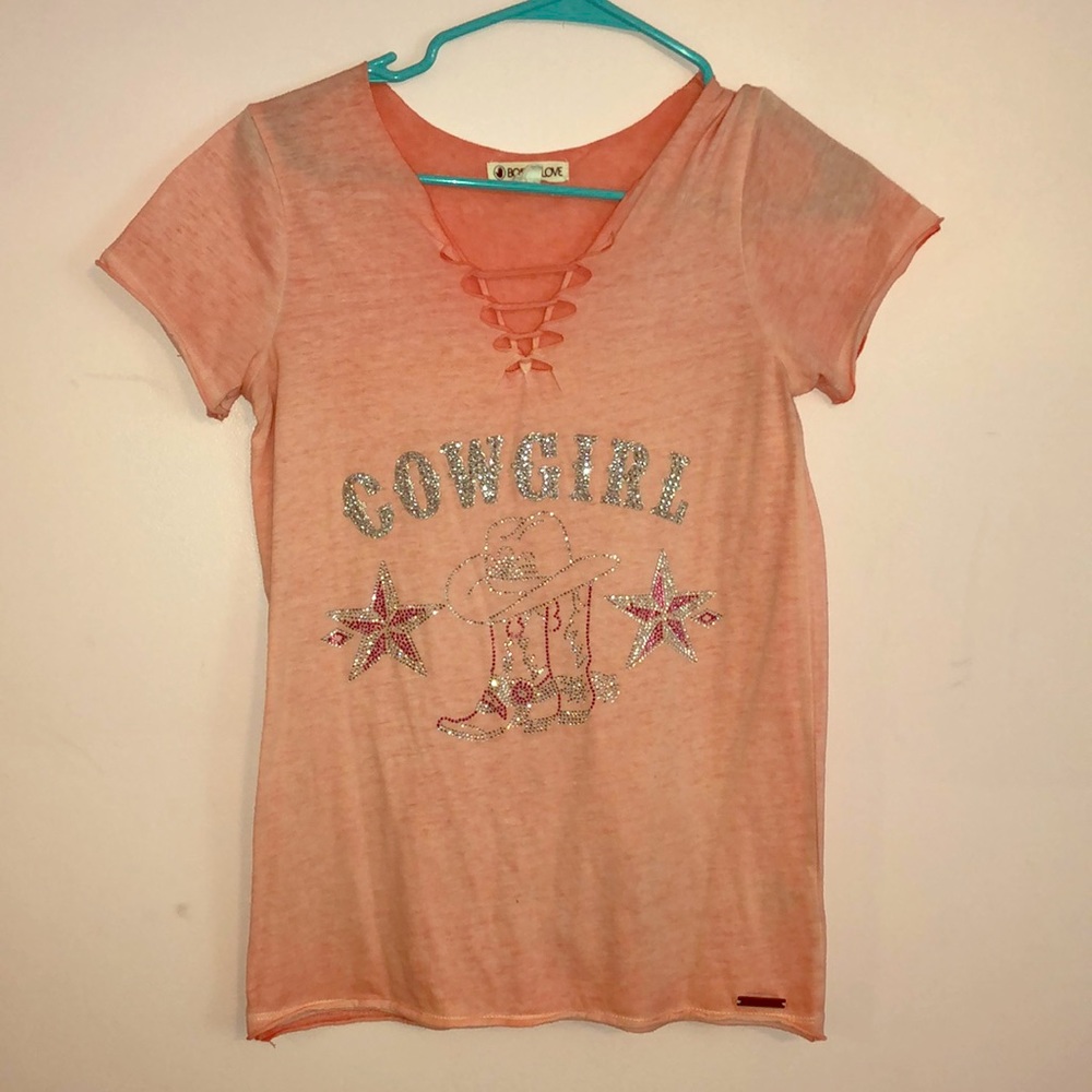 Light pink sparkly cowgirl short sleeve shirt
